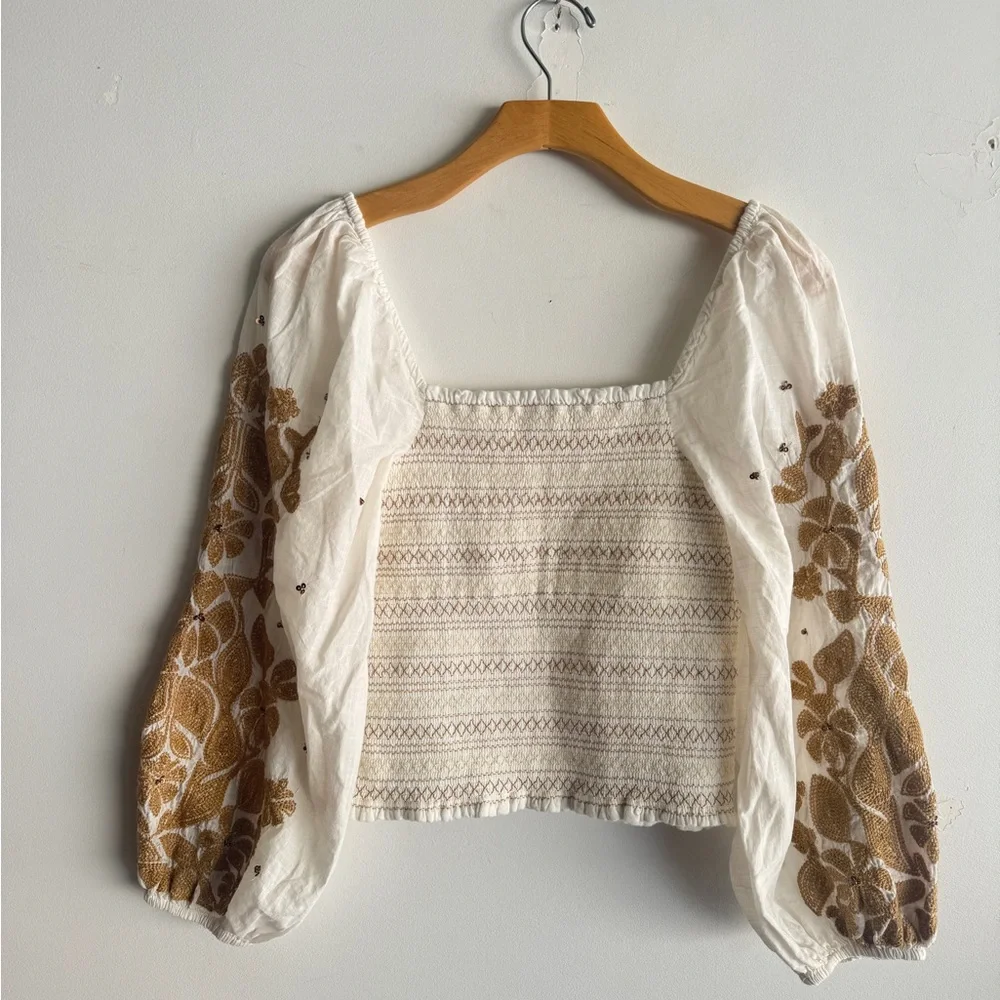 Anthropologie Smocked Top with embellished and embroidered sleeves, boho spring - Picture 8 of 9